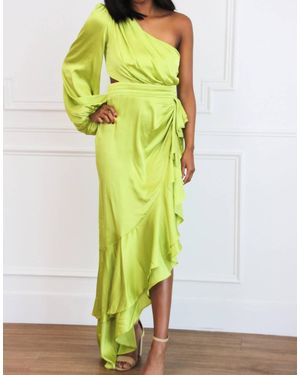 Luxxel Barcelona One Shoulder Satin Ruffle Maxi Dress - Green