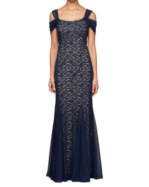 Alex Evenings Cold Shoulder Fit & Flare Evening Gown - Blue