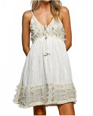 Pol Tiered Tassel Trim Wooden Bead Smocked Dress - White