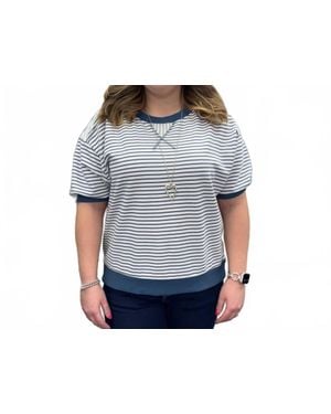 Umgee Striped Knit Short Sleeve Casual Top - Blue