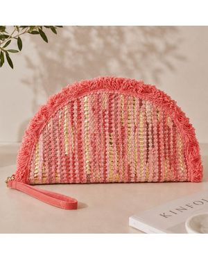 Fashnzfab Boho Fringe Textured Half Moon Clutch Bag