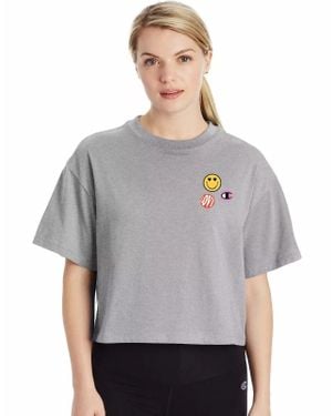 Champion Top Smiley Face Print Crew Neck Cropped Pullover Jdm706 - Gray