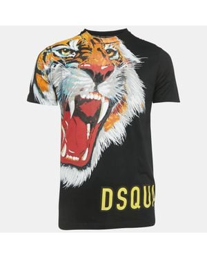 DSquared² Tiger Print Cotton Knit Crew Neck T-Shirt - Black