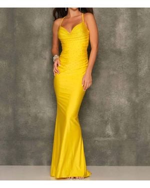 Dave & Johnny Rhinestone Embellished Lace-Up Back Prom Dress - Yellow