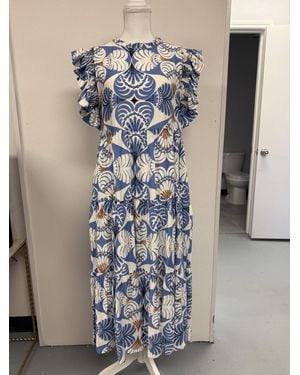 Jodifil Ruffled Sleeves Boho Floral Tiered Midi Dress - Blue