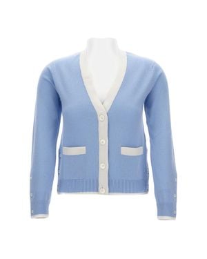 Thom Browne V-Neck Knitted Cardigan With Patch Pockets And Contrast Trim - Blue