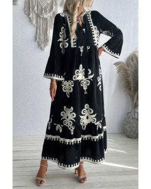 TRUEDAMES V Neck Stand Collar Button Floral Splicing Dress - Black