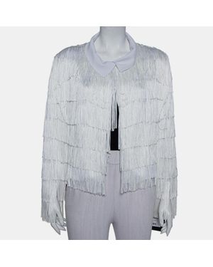 Norma Kamali Knit Fringed Open Front Collared Jacket - Gray