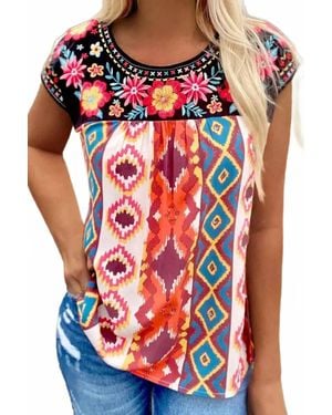 Shiying Fashion Floral Aztec Geometric Cap Sleeve Top - Red