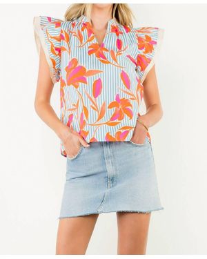 Thml Flutter Sleeve Striped Flower Top - Blue