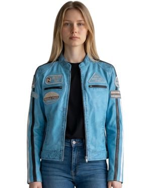 Infinity Leather Biker Racing Badges Leather Jacket-Incheon - Blue