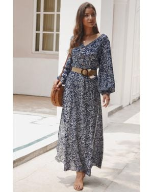 TRUEDAMES Fashnzfab Floral V Neck Long Sleeve Full Dress - Black