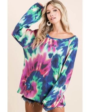 TRUEDAMES Tie Dye Print Terry Top With Puff Sleeves - Blue