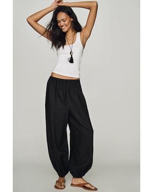 Self Contrast Linen Balloon Pants - Black