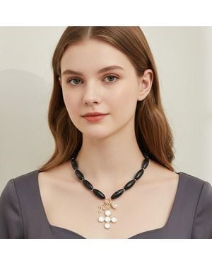 Fashnzfab Pearl Cross Charm Pendant Chunky Oval Beaded Statement Necklace - Natural