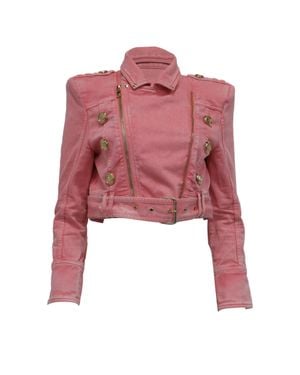 Balmain Belted Cropped Denim Jacket - Red