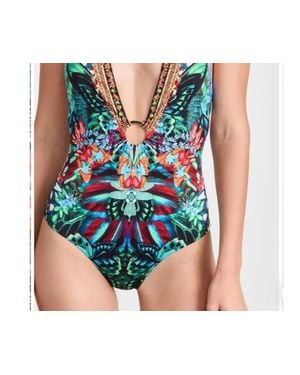 CAMILLA Ring Detail Plunge V One Piece - Blue