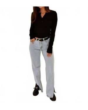 Beige Botany Ribbed Henley Basic Top - Black