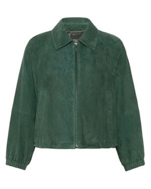 Weekend Cropped Deep Suede-Like Jacket With Classic Collar And Puff Sleeves - Green