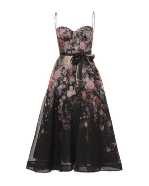 Zimmermann Floral Midi Dress With Bustier Bodice And Sheer Overlay - Black