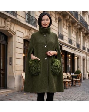 TRUEDAMES Elegant Faux Fur Pocket Cape Coat Poncho - Green