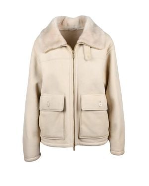 Eleventy Lambskin Suede Coat With Fur Lining And Flap Pockets - Natural