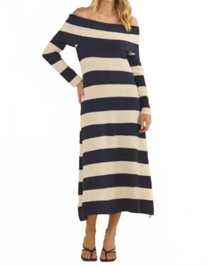 Veveret Textured Knit Off-Shoulder Wide Stripe Long Dress - Blue