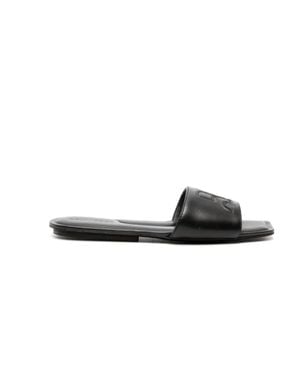Courreges Logo Patch Leather Slide Sandals - Black