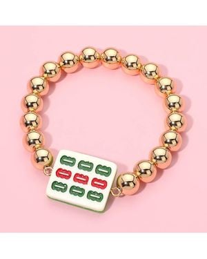 Fashnzfab Mahjong Tile Accent Metal Ball Beaded Stretch Bracelet - Pink