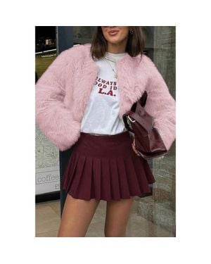 TRUEDAMES Solid Round Neck Lomh Sleeves Fluffy Jacket - Pink