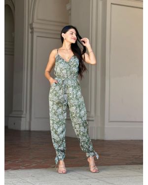 TRUEDAMES V Neck Sleeveless Paisley Jumpsuit With Tie Waist - Gray