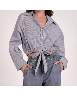 Elan Button Up Stripe Blouse With Tie Bottom - Gray