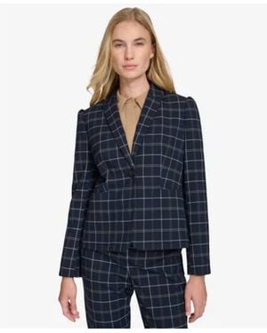 Tommy Hilfiger Plaid Puff-Sleeve Single-Button Blazer - Blue