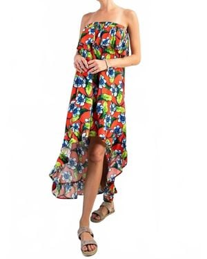 Easel Floral Assymetrical Strapless Dress - White