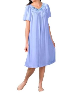 Shadowline Lingerie Short Gown With Flower Petal Embroidery And Flutter Sleeves - Blue