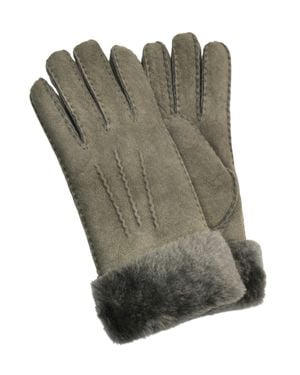 Infinity Leather Genuine Sheepskin Suede Gloves With Fur Cuff - Green