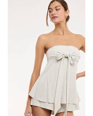 Sky To Moon Luna Coast Strapless Striped Tie-Front Romper - White