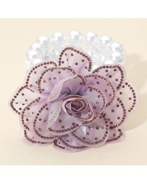 Fashnzfab Bling Studded Fabric Flower Statement Faux Pearl Beaded Stretch Bracelet Light - Pink