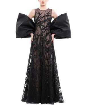 Saiid Kobeisy Bronze Tulle Evening Dress With Embroidery And Dramatic Cape - Black