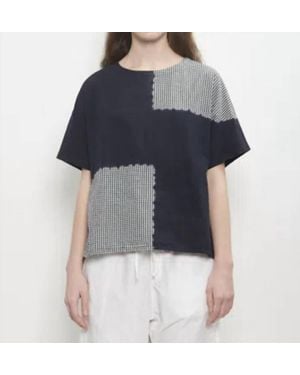 Suzusan Cotton Gingham Check Woven T-Shirt - Blue