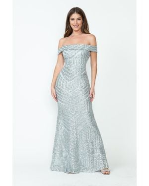 TRUEDAMES Sequined Off Shoulder Prom Formal Gown - Blue