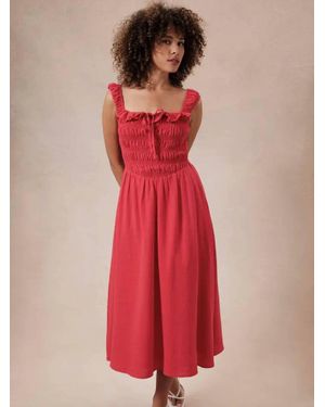 Sunday Edition Smocked Sleeveless Midi Dress - Red