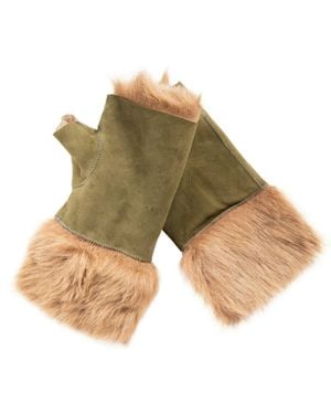 Infinity Leather Shearling Mittens Fingerless Cuffs Toscana Suede Sheepskin Fur - Green