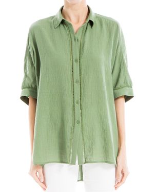 Max Studio Elbow Sleeve Button Front Shirt - Green