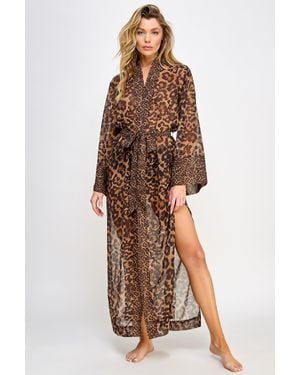 TRUEDAMES Sheer Chiffon Leopard Print Wrap Robe - Brown