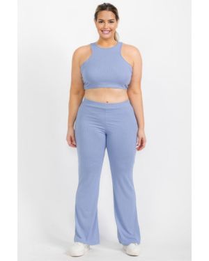 TRUEDAMES Plus Ribbed Cropped Top And Bootcut Pants Sets - Blue