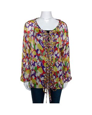 Roberto Cavalli Tulip Print Silk Sheer Blouse - Red