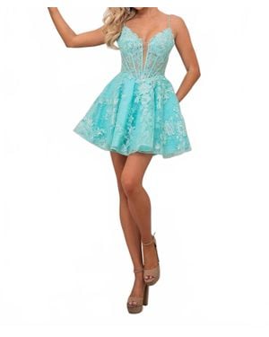 Rachel Allan Deep V-Neck A-Line Dress - Blue
