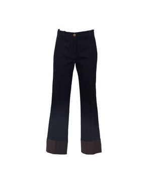 Ql2 Wide Leg Pants With Contrast Cuffs And Golden Button Details - Blue