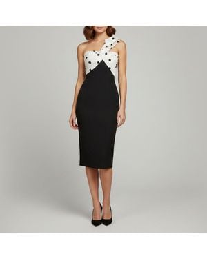 Safiyaa Stretch Crepe Draped Polka Dot Midi Dress - Black